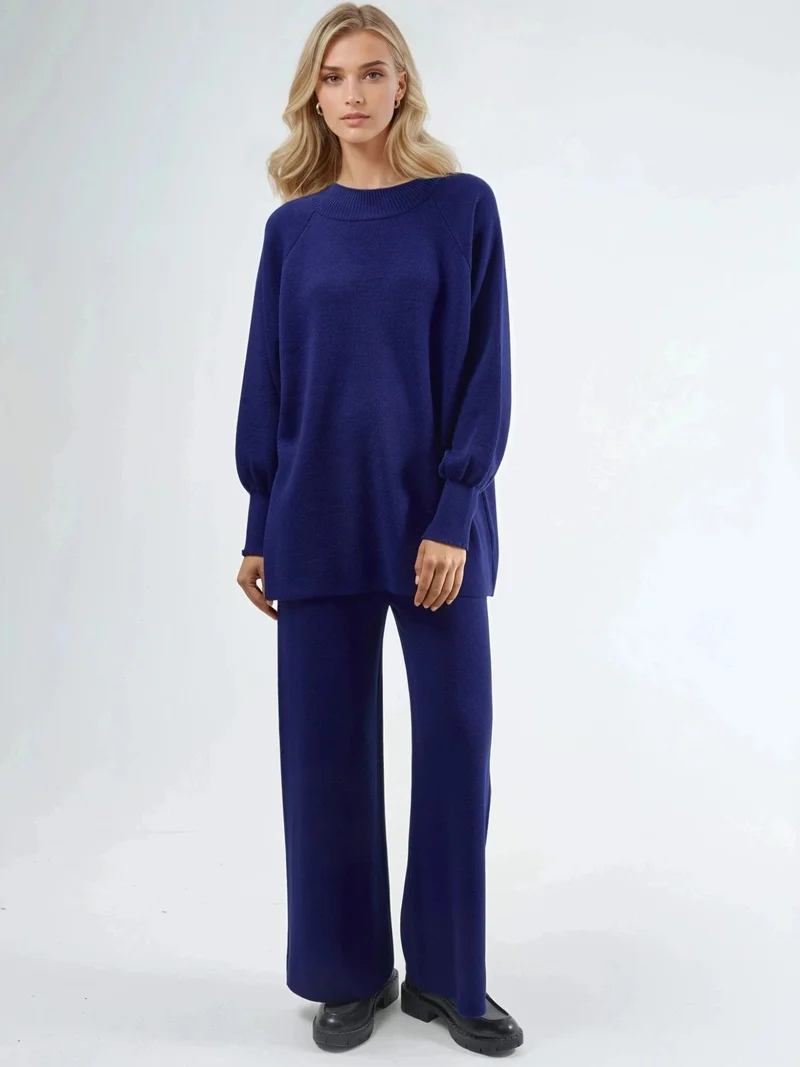 MY FASHION Cobalt Blue MY FASHION Oversized Sweater & Slit Detailed Pants Knit Co-ord Set for Women | Best Price UAE